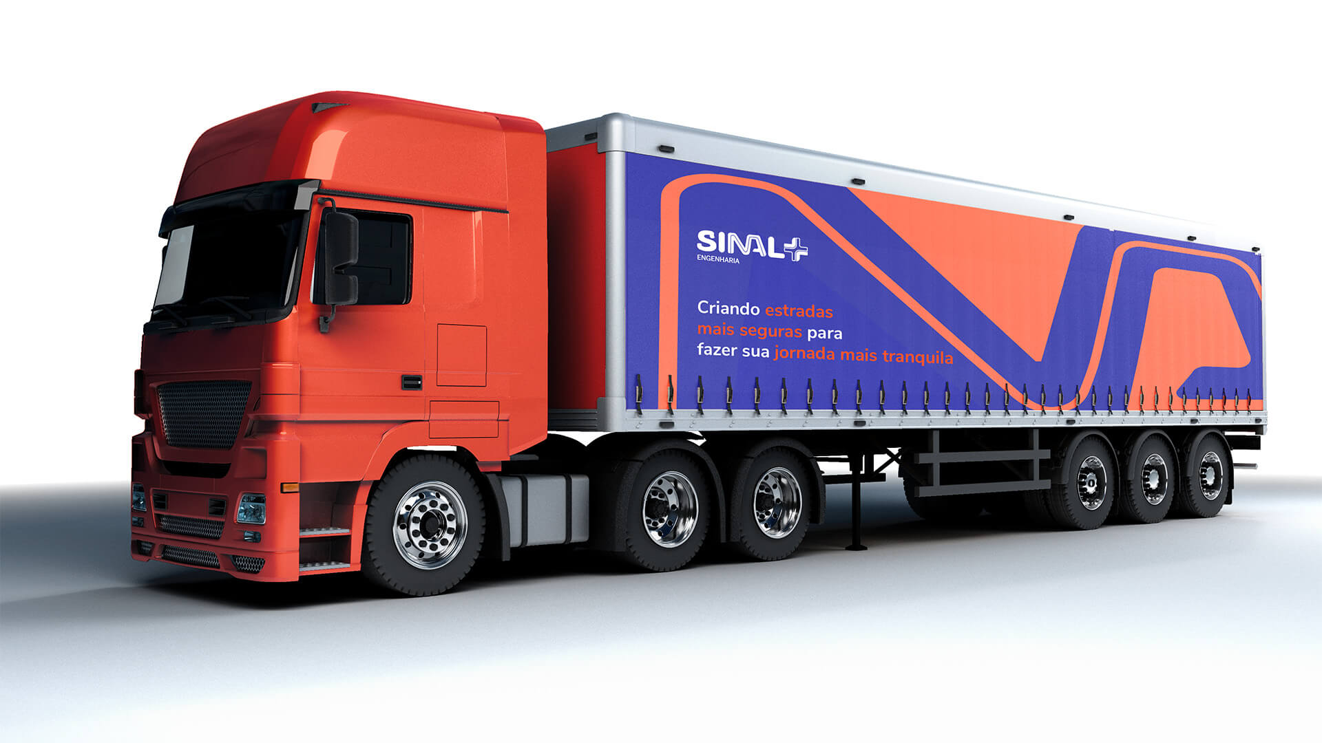Caminhão de carga vermelho brilhante com um semirreboque cinza e branco. O semirreboque tem um grande logotipo azul e laranja na lateral que diz "SINAL MAIS ENGENHARIA" e tem um texto azul abaixo em português que diz "Criando estradas mais seguras para fazer sua jornada mais tranquila". O caminhão tem pneus pretos grandes e um tanque de combustível cromado. O fundo é branco.