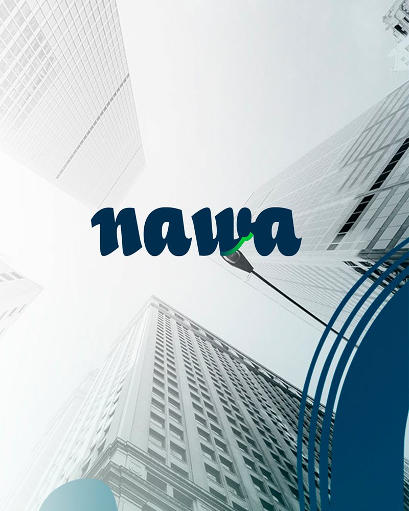 Logotipo da Nawa sobre prédios vistos de baixo