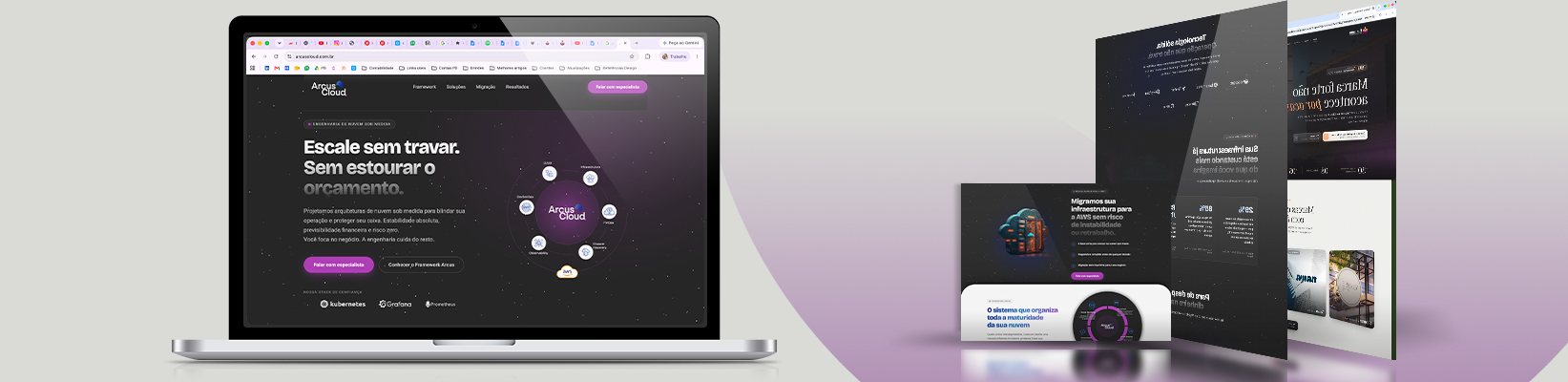 Site da ArcusCloud em um notebook e páginas internas do projeto